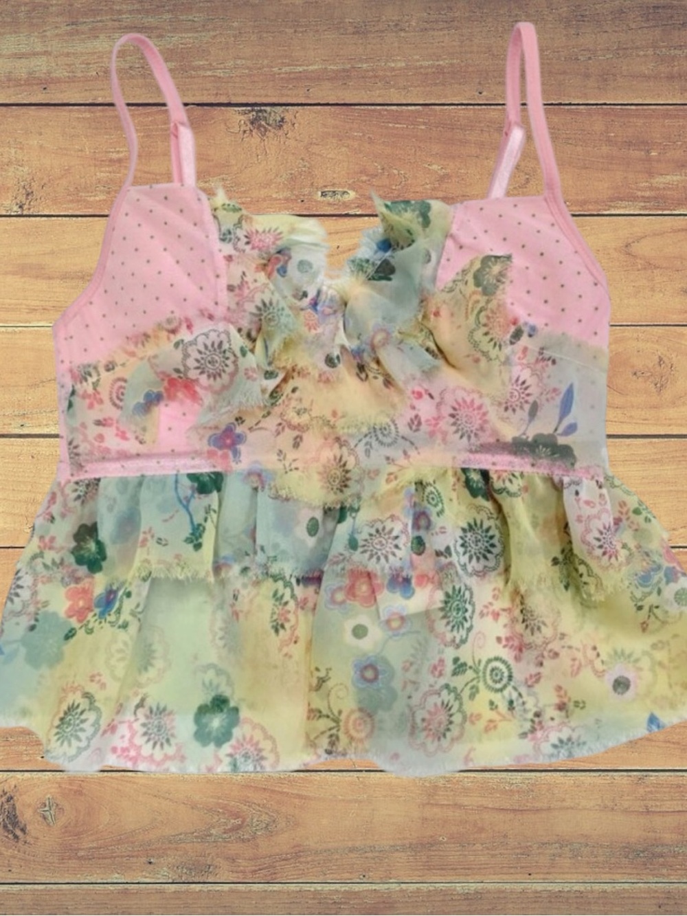 Necessary Objects Pink Floral Polka Dot Sheer Fairycore Bra Top Ruffle Tier NWT - Picture 4 of 12